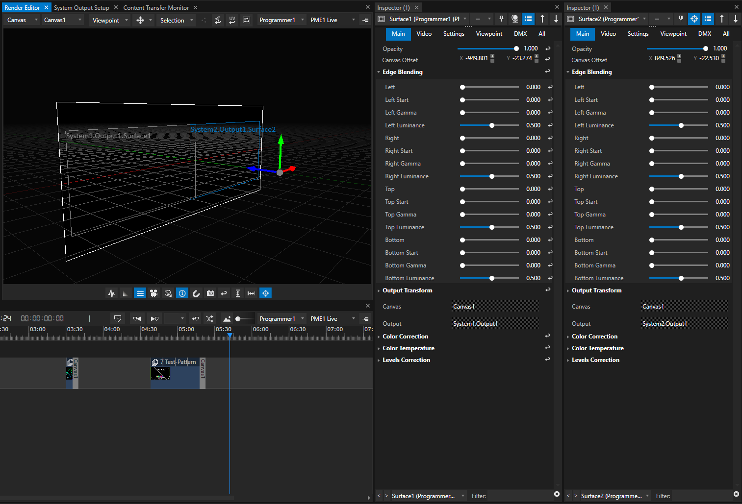 Workspace example for an edge blending: 2 surfaces on a canvas, each surface is pinned to an inspector.  