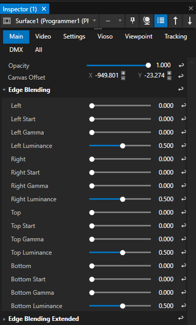 Inspector wih the Edge Blending Parameters of a Surface. Advanced Edge Blending Parameters extend to blending options for edge cases. 