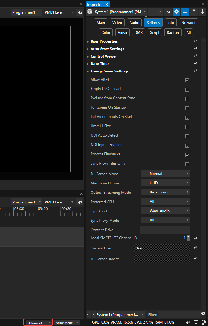 Same system in advanced inspector mode. Tab for Vioso calibration settings now is visible. The list of system settings has significantly expanded.