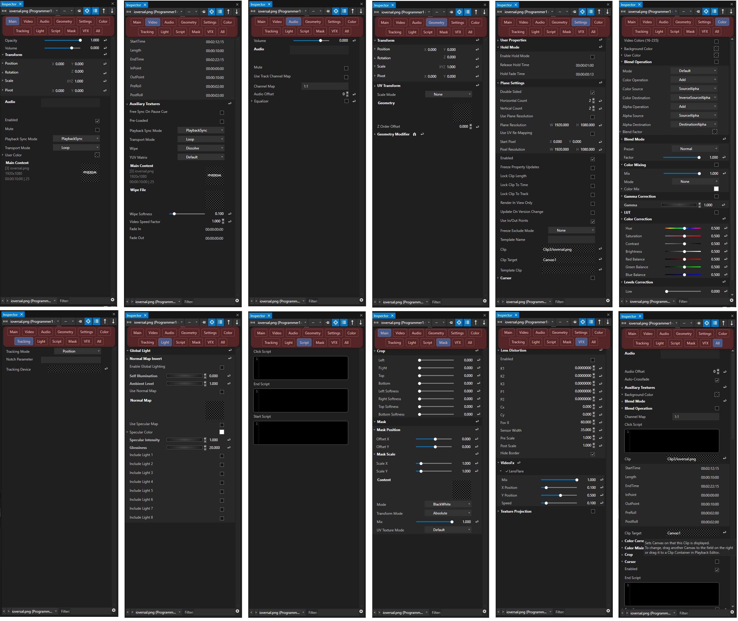 Screenshots of all the available tabs sorting the various settings and properties in a Clip Container's Inspector window. 