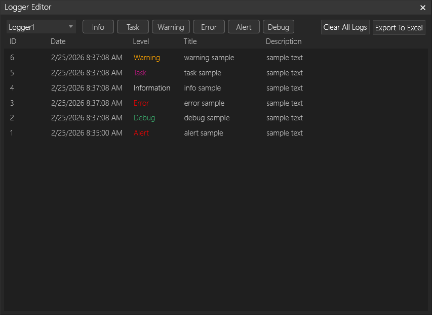 The logger editor will show all messages received and can be filtered by level.