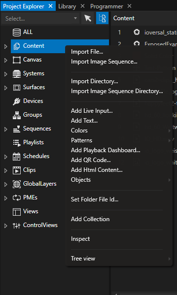 Open the Context menue for Content with a right-click on the Content category.  Add or import Content